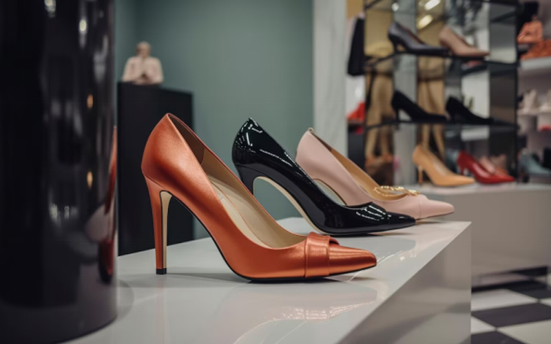 different stylish women's shoes on a store shelve 