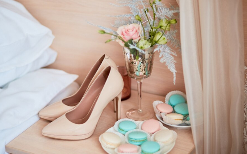 a pair of delicate nude high heels