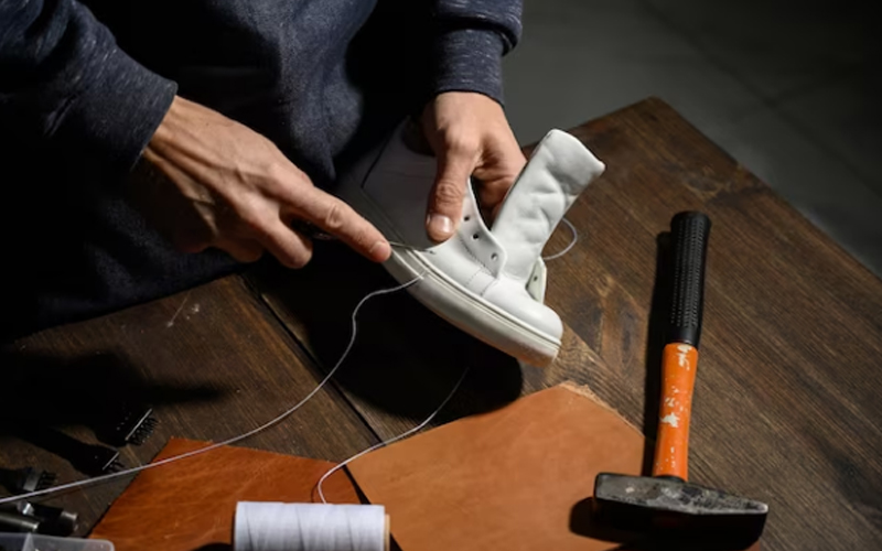 a man making a shoe with leather