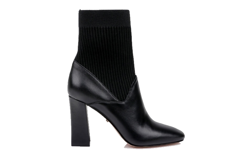 Beige Cow Leather & Knit Square Heel Boot